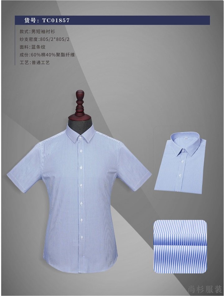 重庆衬衣制作工厂,正装衬衫款式,YW018男短袖蓝条(图1)